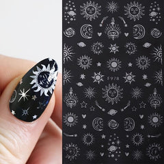 6Pcs Bronzing Nails Art Stickers Silver Star Moon Sun Cloud Snake Nail Decals