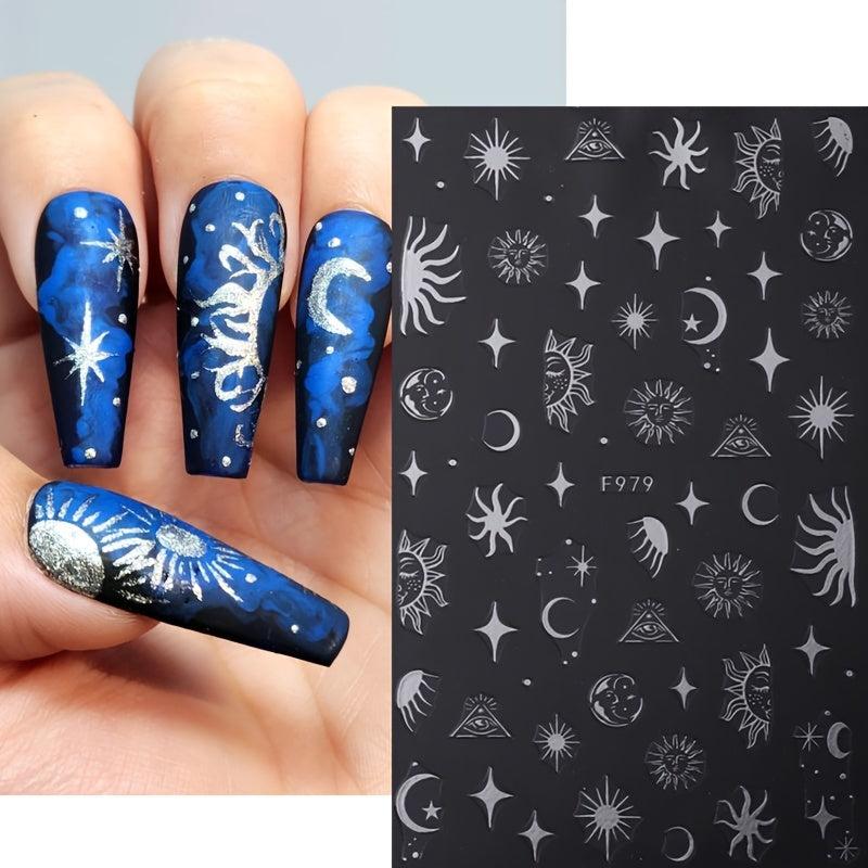 6Pcs Bronzing Nails Art Stickers Silver Star Moon Sun Cloud Snake Nail Decals
