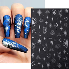 6Pcs Bronzing Nails Art Stickers Silver Star Moon Sun Cloud Snake Nail Decals