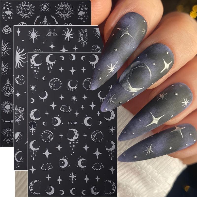 6Pcs Bronzing Nails Art Stickers Silver Star Moon Sun Cloud Snake Nail Decals