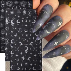 6Pcs Bronzing Nails Art Stickers Silver Star Moon Sun Cloud Snake Nail Decals