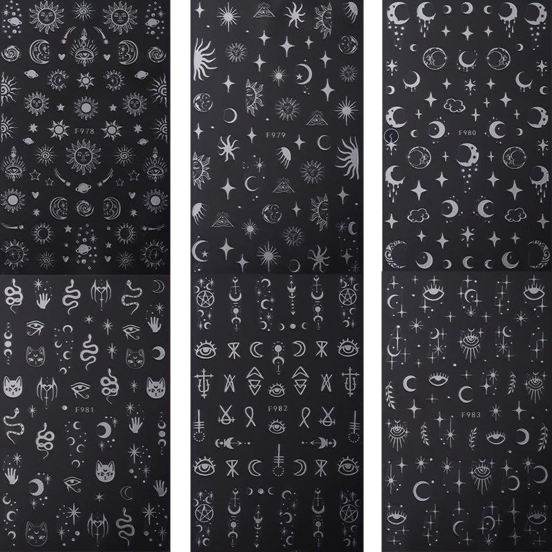 6Pcs Bronzing Nails Art Stickers Silver Star Moon Sun Cloud Snake Nail Decals