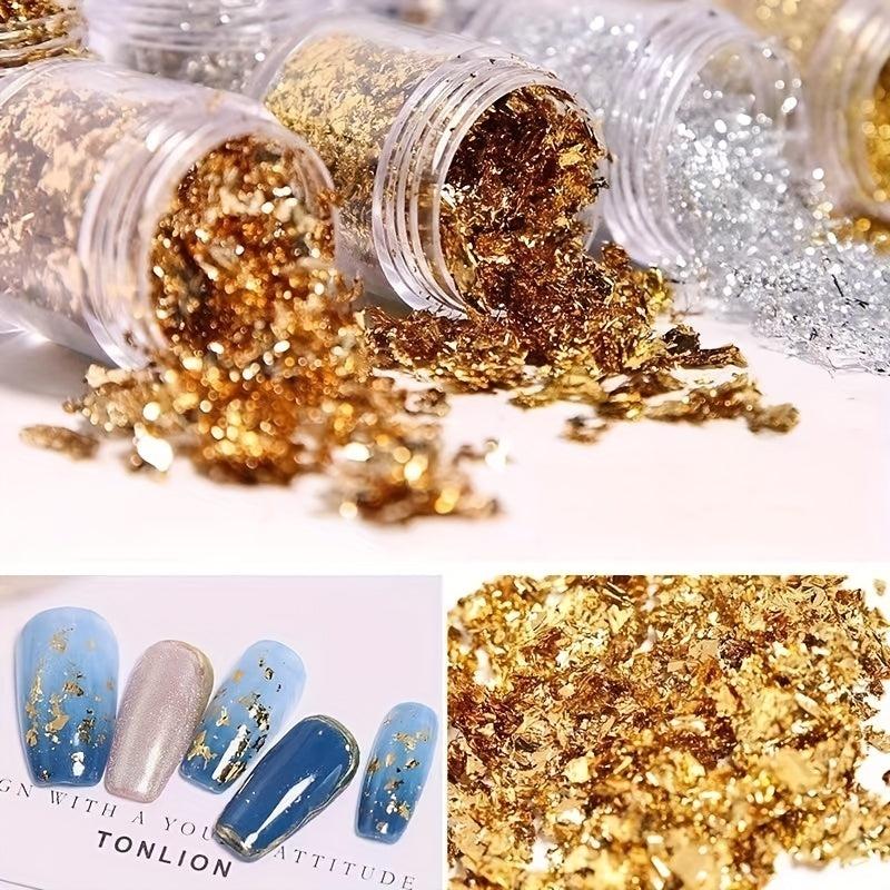 Golden Silvery Champagne Nail Foil Flakes DIY Nail Glitter Foil