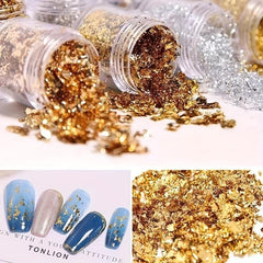 Golden Silvery Champagne Nail Foil Flakes DIY Nail Glitter Foil