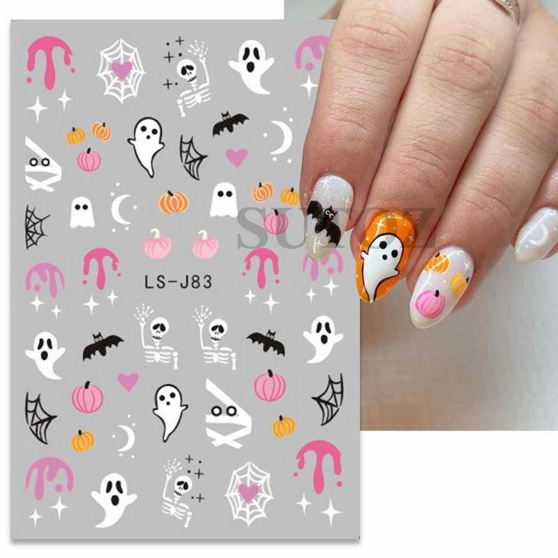 10pcs Halloween Nail Art Sticker Pink Cartoon Skull Ghost Pumpkin 3D Decals