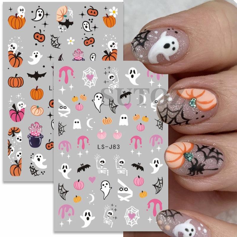 10pcs Halloween Nail Art Sticker Pink Cartoon Skull Ghost Pumpkin 3D Decals