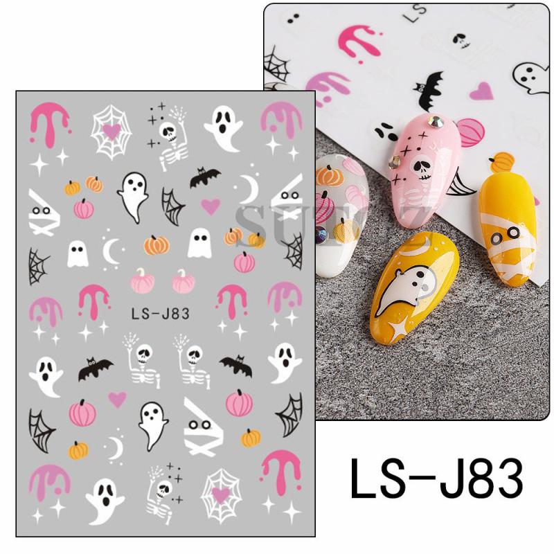 10pcs Halloween Nail Art Sticker Pink Cartoon Skull Ghost Pumpkin 3D Decals