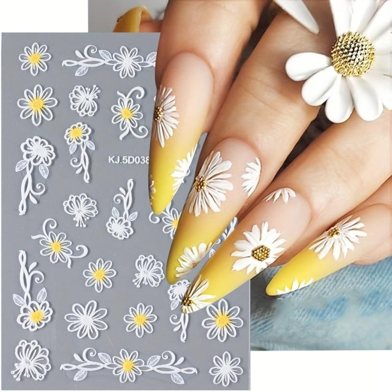 5D Embossed Yellow Flower Nail Art Stickers Self Adhesive Nail Art Decals