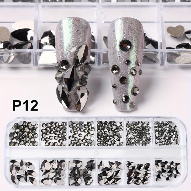 12 Grids Nail Art Rhinestones Crystal Gems 3D Flatback Shapes Nail Rhinestone