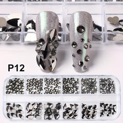12 Grids Nail Art Rhinestones Crystal Gems 3D Flatback Shapes Nail Rhinestone