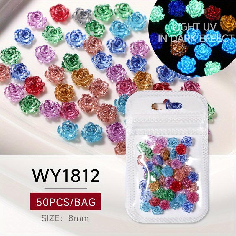 50pcs Luminous Camellia Nail Art Charms Resin Glitter Flower Accessories