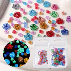 50pcs Luminous Camellia Nail Art Charms Resin Glitter Flower Accessories