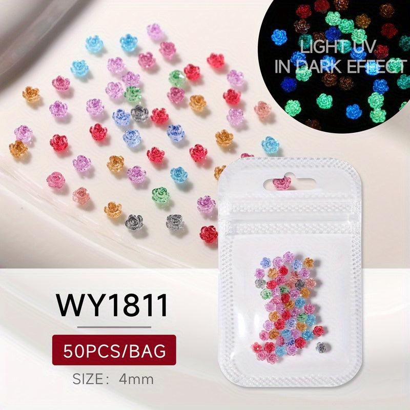 50pcs Luminous Camellia Nail Art Charms Resin Glitter Flower Accessories