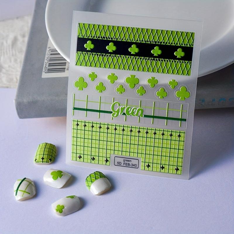 5D Embossed Green Clover Nail Art Stickers