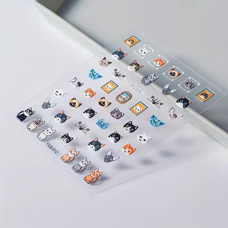 1pc 5D Embossed Cat Nail Art Stickers Self Adhesive Cartoon Cat Nail Art Decals