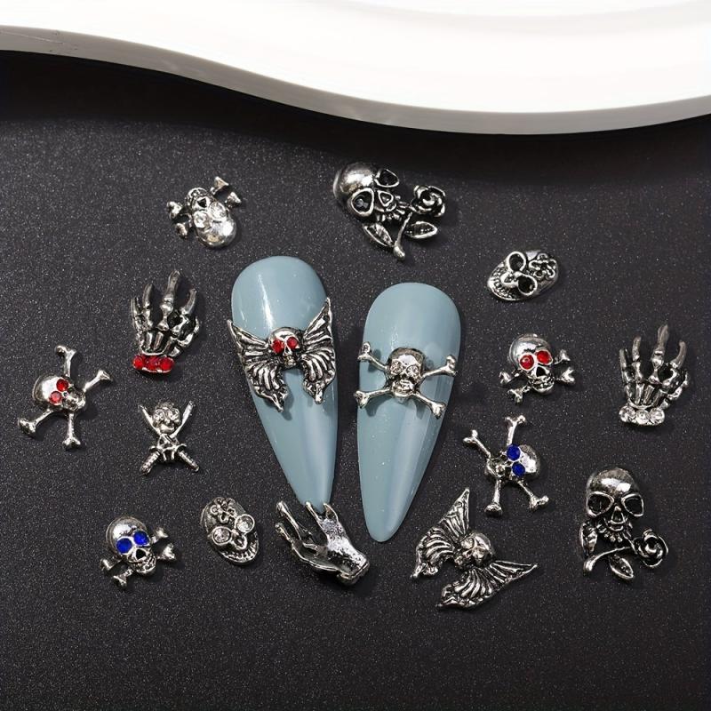 Retro Halloween Skull Nail Art Charms with Rhinestones Punk Nail Accessories