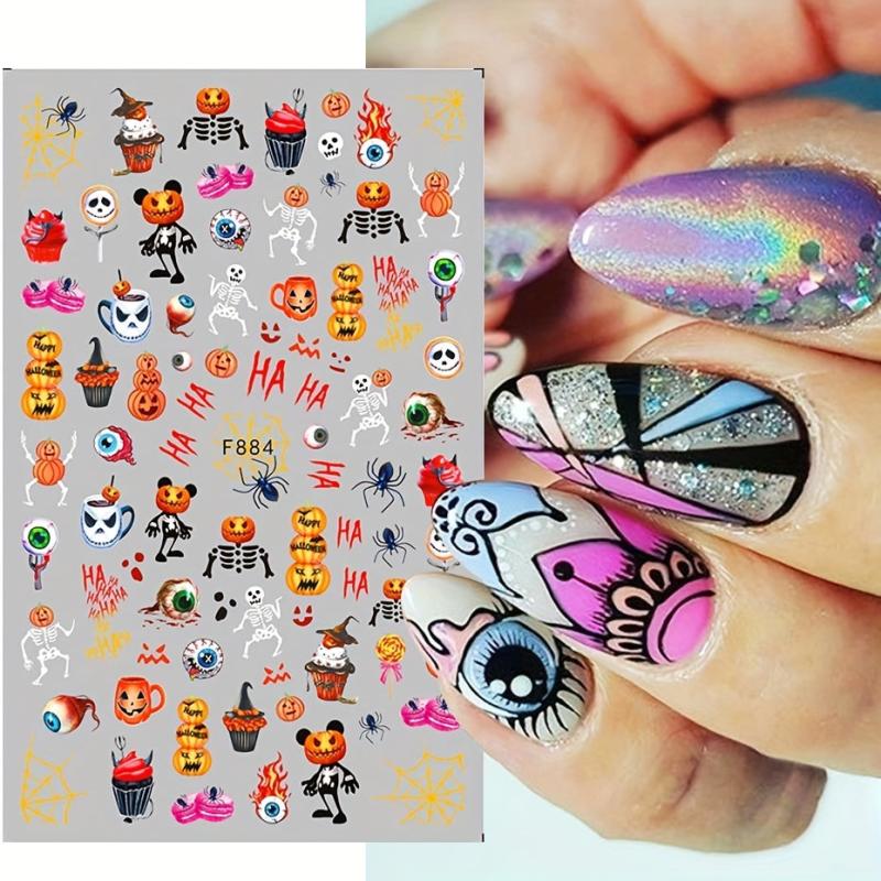 6pcs Halloween Nail Art Stickers Adhesive Skull Pumpkin Bat Spider Nail Decals