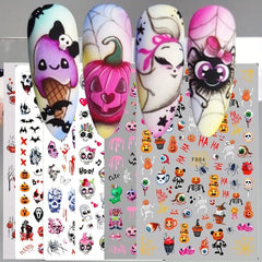 6pcs Halloween Nail Art Stickers Adhesive Skull Pumpkin Bat Spider Nail Decals