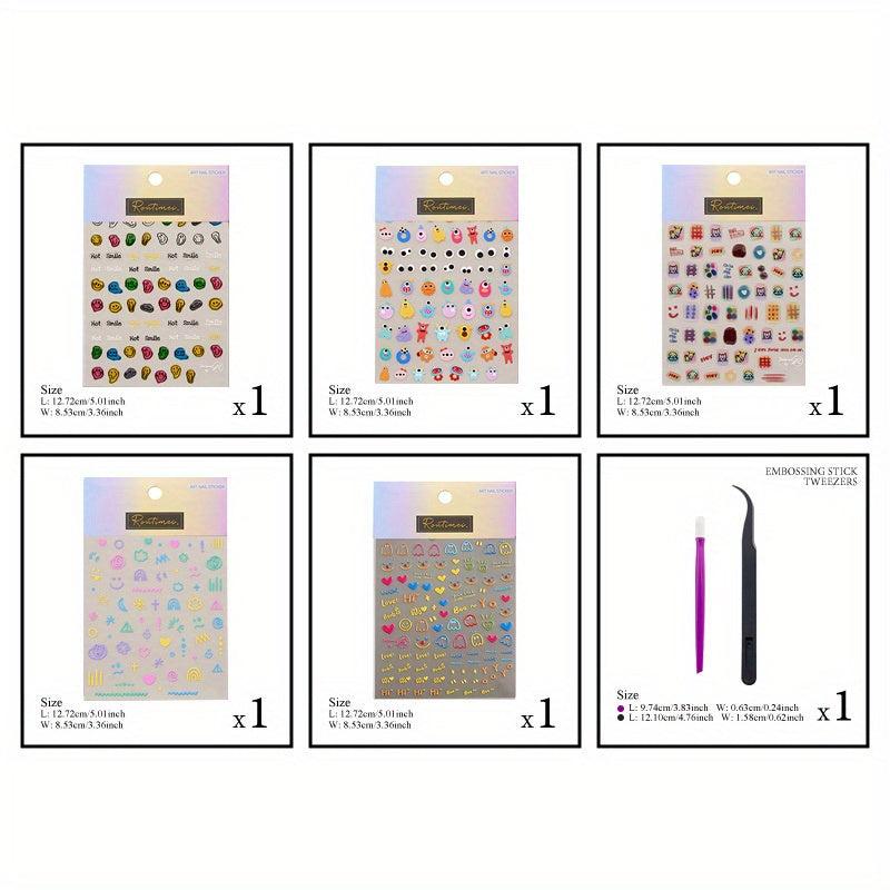 5pcs 5D Cartoon Nail Art Stickers Snowflake Heart Decals Nail Decorations