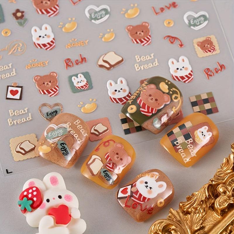 4pcs 5D Bear Bunny Nail Art Stickers, DIY Cartoon Nail Decals for Women and Girl