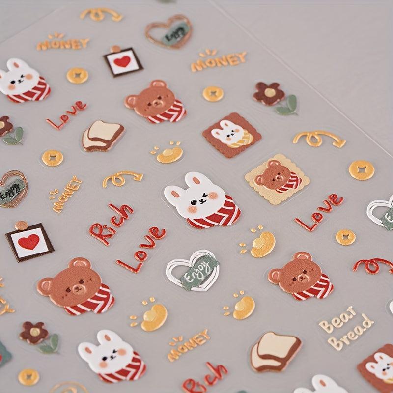 4pcs 5D Bear Bunny Nail Art Stickers, DIY Cartoon Nail Decals for Women and Girl