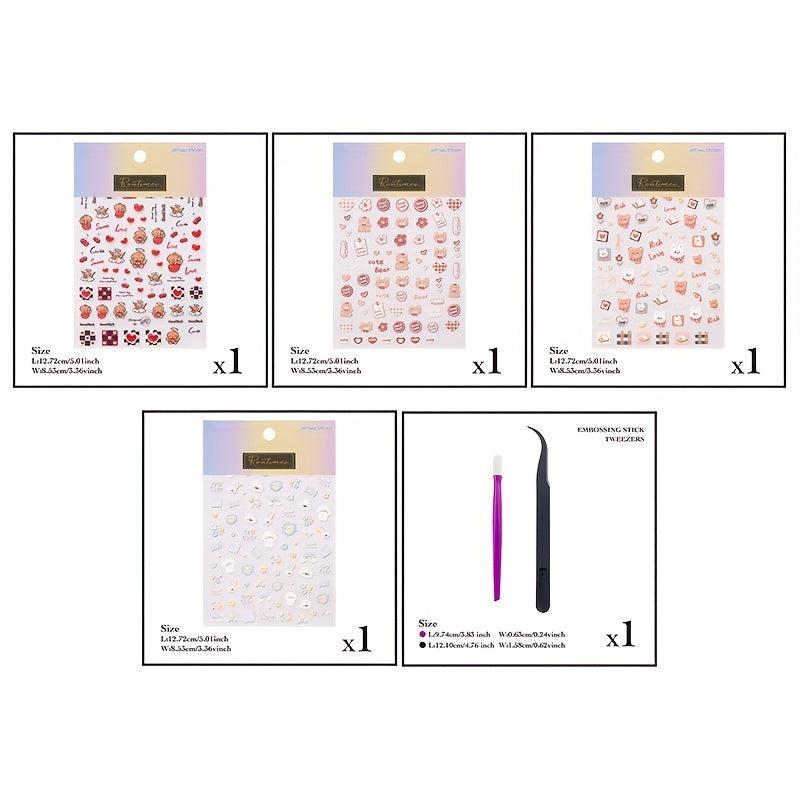 4pcs 5D Bear Bunny Nail Art Stickers, DIY Cartoon Nail Decals for Women and Girl