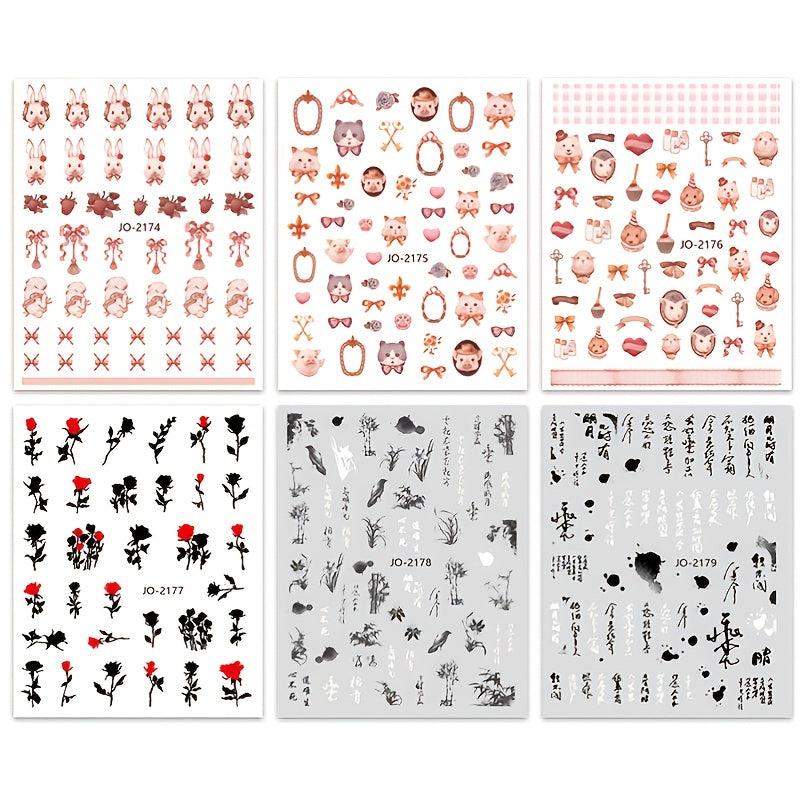 Rabbit & Chinese Ink Rose Nail Stickers - Self Adhesive Nail Supplies