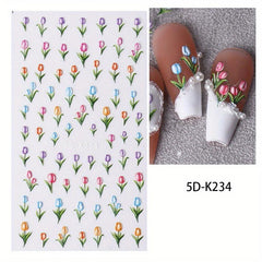 1pcs Embossed Tulips Flower Nail Art Sticker Self Adhesive Acrylic Engraved Flor