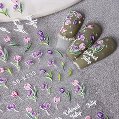 1pcs Embossed Tulips Flower Nail Art Sticker Self Adhesive Acrylic Engraved Flor