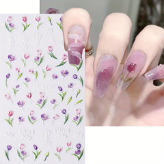 1pcs Embossed Tulips Flower Nail Art Sticker Self Adhesive Acrylic Engraved Flor