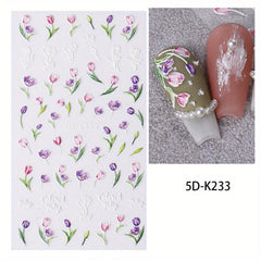 1pcs Embossed Tulips Flower Nail Art Sticker Self Adhesive Acrylic Engraved Flor