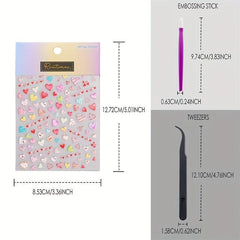 3D Embossed Heart Nail Art Stickers - Adhesive Nail Decals For DIY or Salons