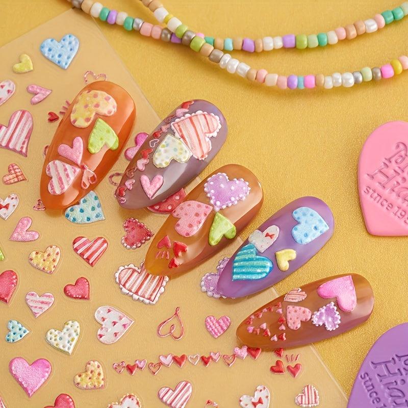 3D Embossed Heart Nail Art Stickers - Adhesive Nail Decals For DIY or Salons