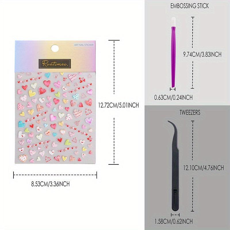 3D Embossed Heart Nail Art Stickers - Adhesive Nail Decals For DIY or Salons