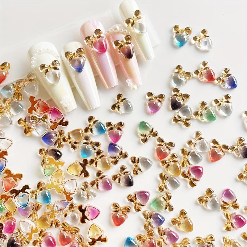 50 Pcs Gradient Heart Nail Charms DIY 3D Nail Art Rhinestones Manicure Glitter