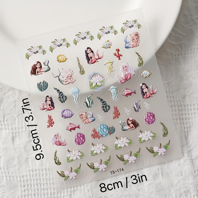 Mermaid Nail Art Stickers 5D Embossed Flowers Nail Decals