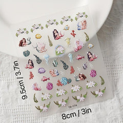 Mermaid Nail Art Stickers 5D Embossed Flowers Nail Decals