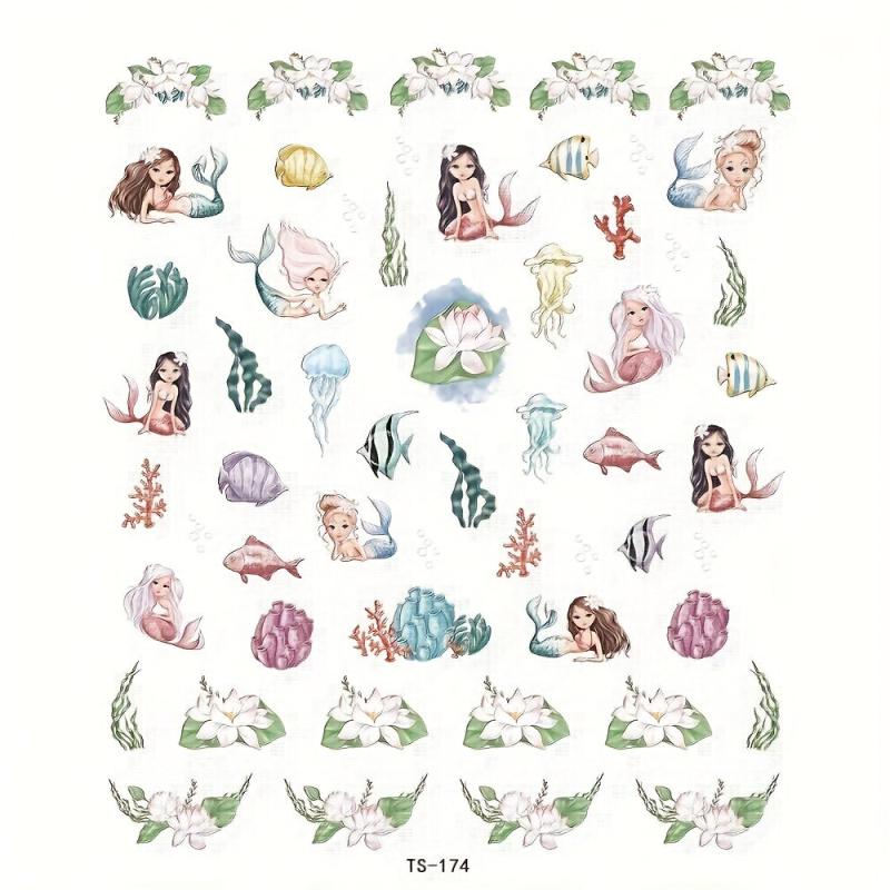 Mermaid Nail Art Stickers 5D Embossed Flowers Nail Decals
