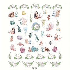 Mermaid Nail Art Stickers 5D Embossed Flowers Nail Decals