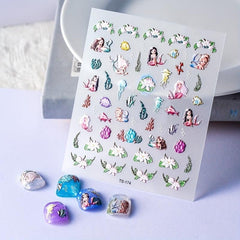 Mermaid Nail Art Stickers 5D Embossed Flowers Nail Decals