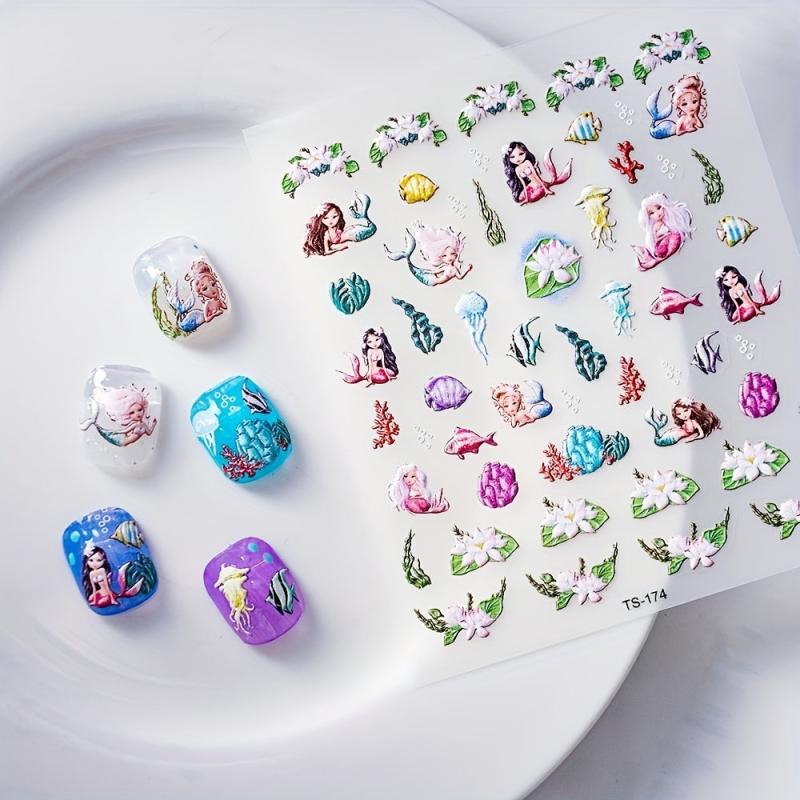 Mermaid Nail Art Stickers 5D Embossed Flowers Nail Decals