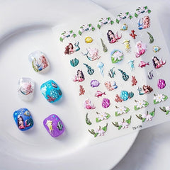 Mermaid Nail Art Stickers 5D Embossed Flowers Nail Decals