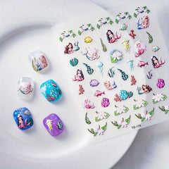 Mermaid Nail Art Stickers 5D Embossed Flowers Nail Decals