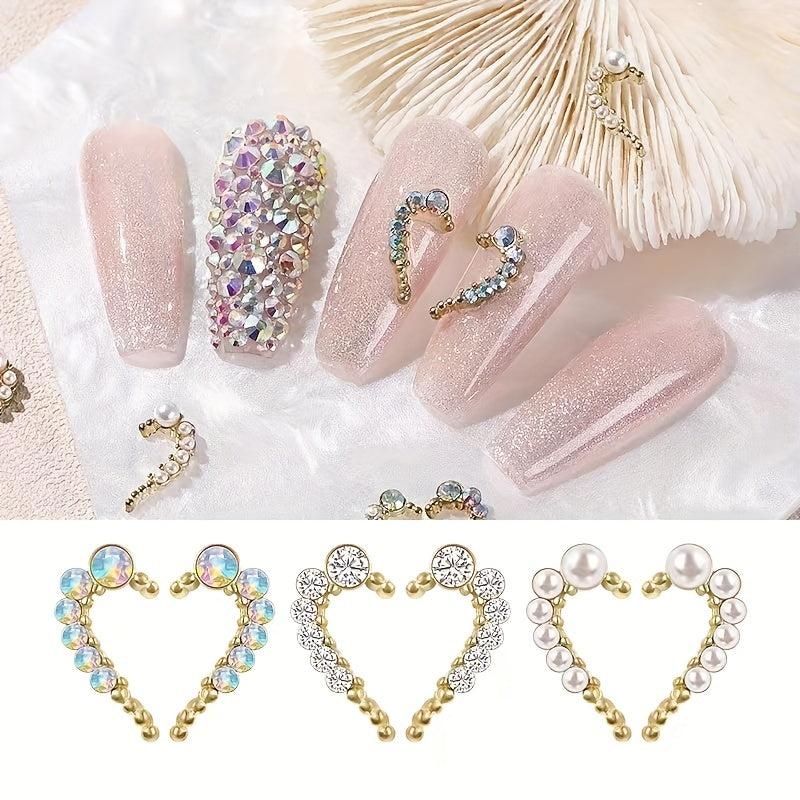 3D Half Heart Nail Charms With Rhinestones & Pearls
