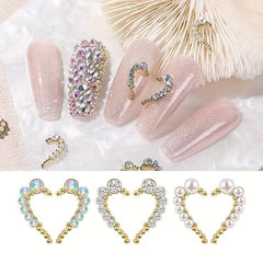 3D Half Heart Nail Charms With Rhinestones & Pearls