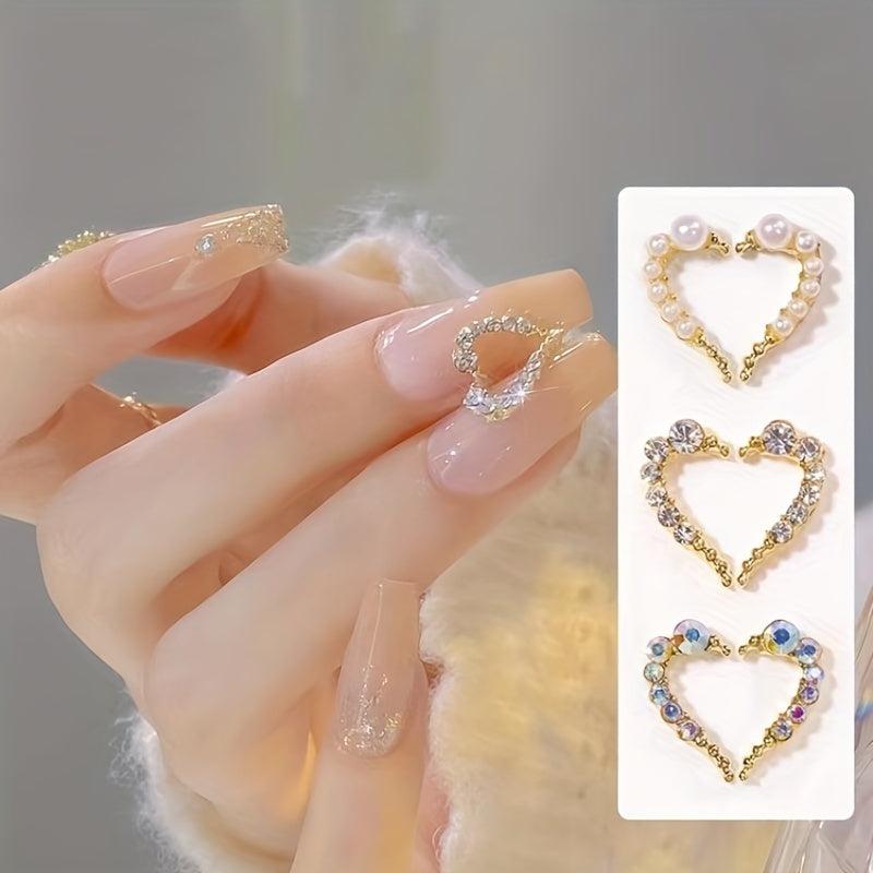 3D Half Heart Nail Charms With Rhinestones & Pearls