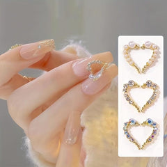 3D Half Heart Nail Charms With Rhinestones & Pearls