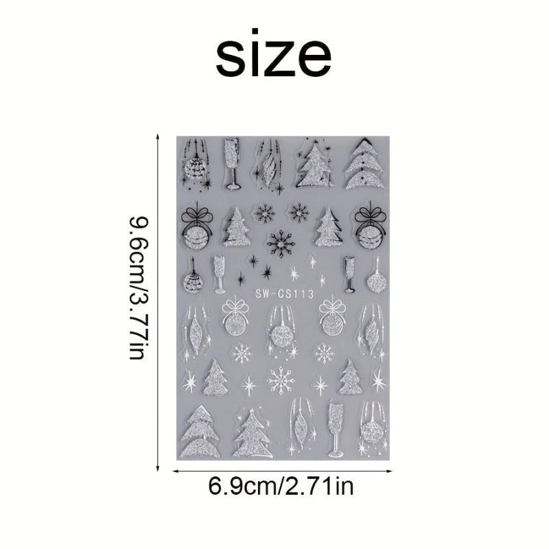 3D Silver Glitter Nail Art Stickers Snowflake Feather Christmas Tree