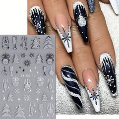 3D Silver Glitter Nail Art Stickers Snowflake Feather Christmas Tree