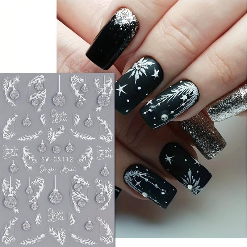 3D Silver Glitter Nail Art Stickers Snowflake Feather Christmas Tree